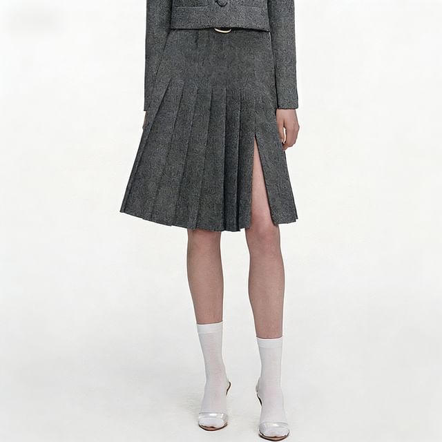 High Waist Herringbone Pleated Slit A-Line Skirt