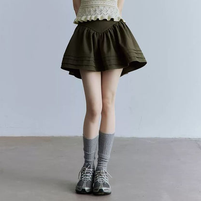 High Waist Plain Gathered Mini A-Line Skirt