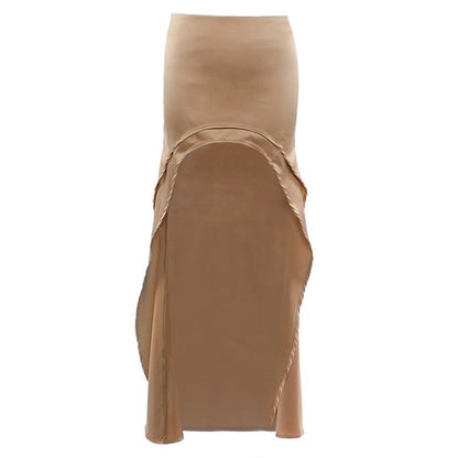 Off-Shoulder Ruffle Trim Lace Crop Top / High Waist Plain Layered High Low Pencil Skirt