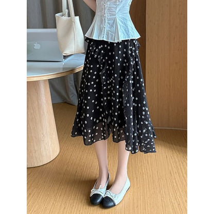 High Waist Dotted Asymmetrical Midi A-Line Skirt