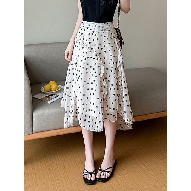 High Waist Dotted Asymmetrical Midi A-Line Skirt