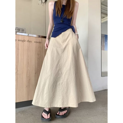 High Waist Plain Maxi A-Line Skirt