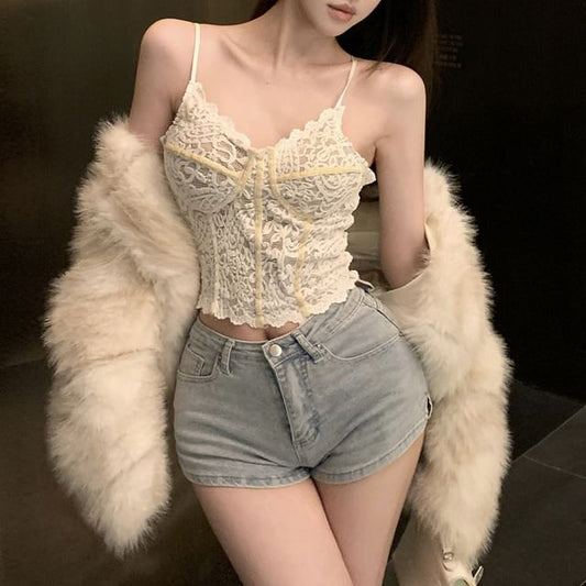 V-Neck Lace Overlay Padded Camisole Top