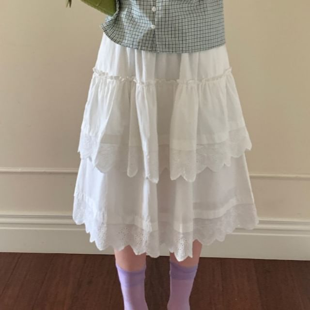 Elastic Waist Eyelet Lace Panel Layered A-Line Skirt