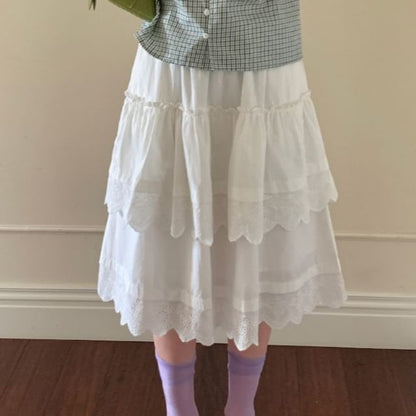 Elastic Waist Eyelet Lace Panel Layered A-Line Skirt