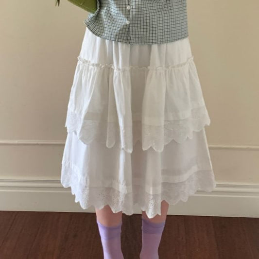 Elastic Waist Eyelet Lace Panel Layered A-Line Skirt