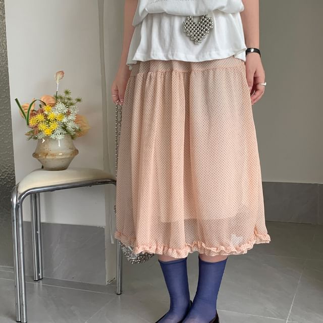 Elastic Waist Micro Dot Frill Trim Sheer Midi A-Line skirt