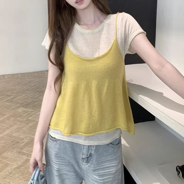 Crew Neck Knit Top and Camisole Set