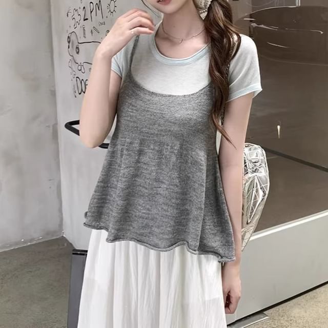 Crew Neck Knit Top and Camisole Set