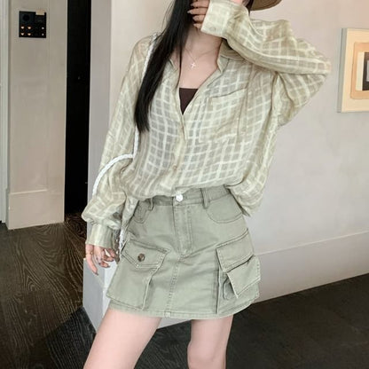 Plaid Button-Up Shirt and Mini Cargo Skirt