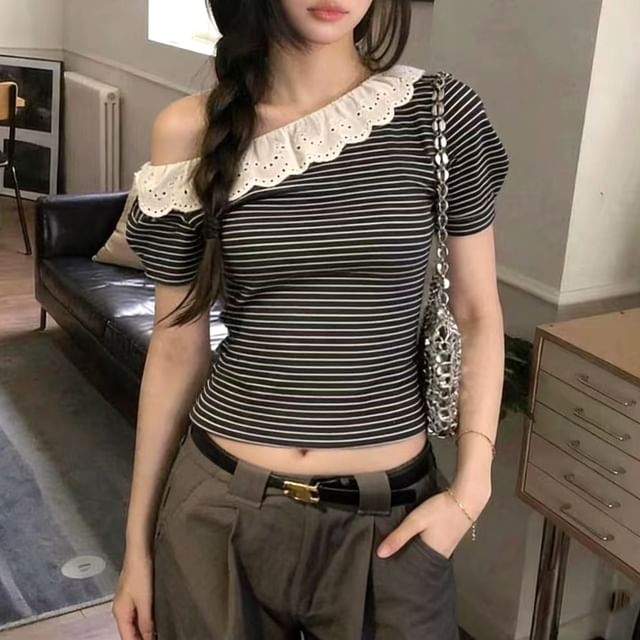 Off-Shoulder Striped Eyelet Lace Crop Tee