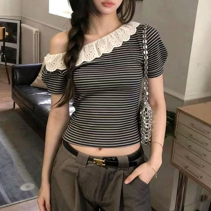 Off-Shoulder Striped Eyelet Lace Crop Tee
