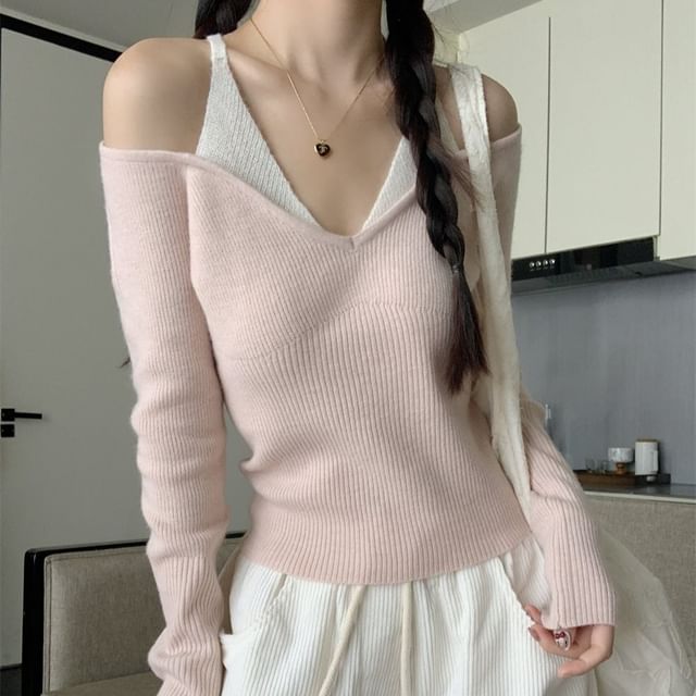 Cold Shoulder Two-Tone Knit Top and Wide Leg Pants