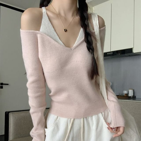 Cold Shoulder Two-Tone Knit Top and Wide Leg Pants