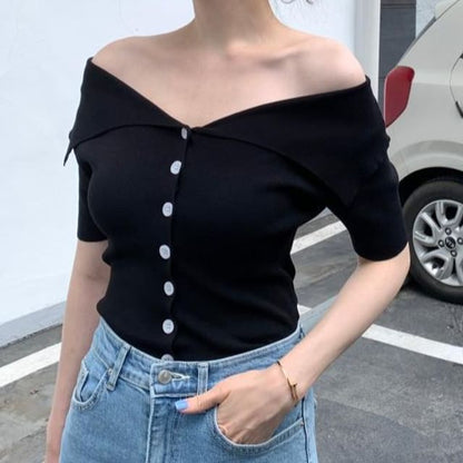 Ribbed Short Sleeve Button Knit Top