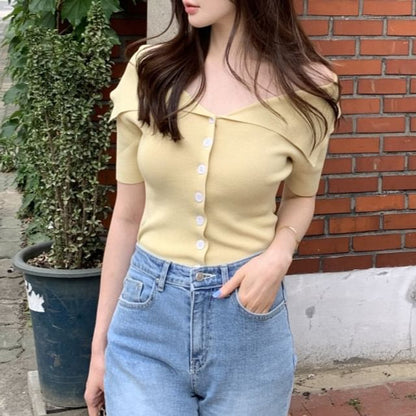 Ribbed Short Sleeve Button Knit Top