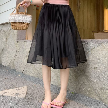 Mid Rise Plain Pleated Midi A-Line Skirt