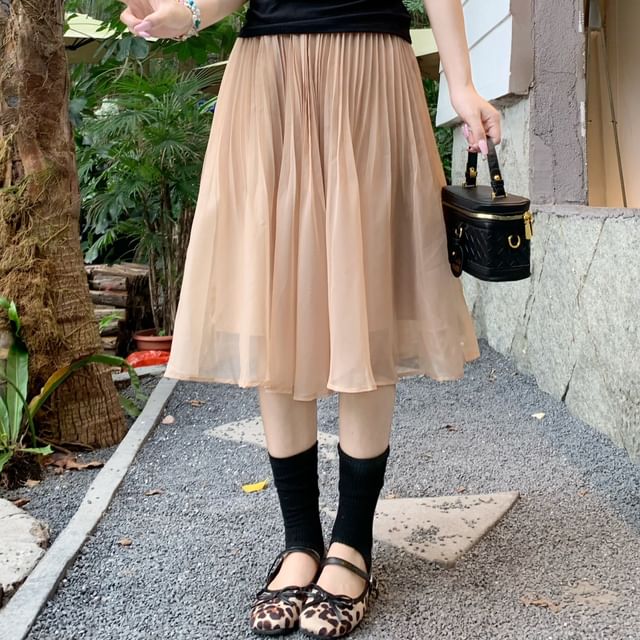 Mid Rise Plain Pleated Midi A-Line Skirt