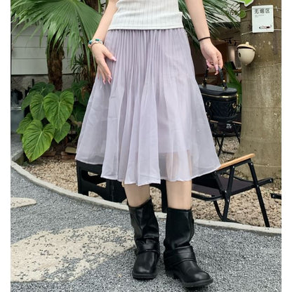 Mid Rise Plain Pleated Midi A-Line Skirt