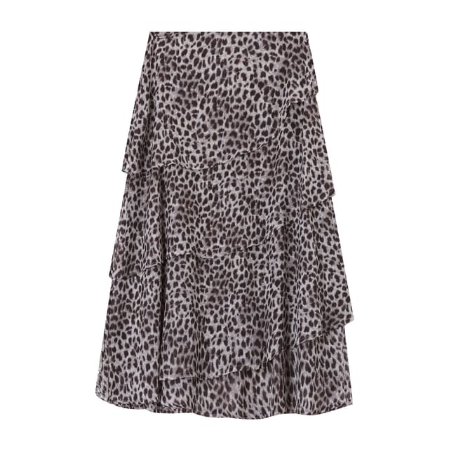 Sleeveless Mock Neck Plain Ribbed Knit Top / Mid Rise Leopard Print Midi A-Line Skirt