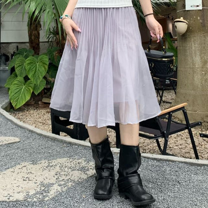 Mid Rise Plain Pleated Midi A-Line Skirt