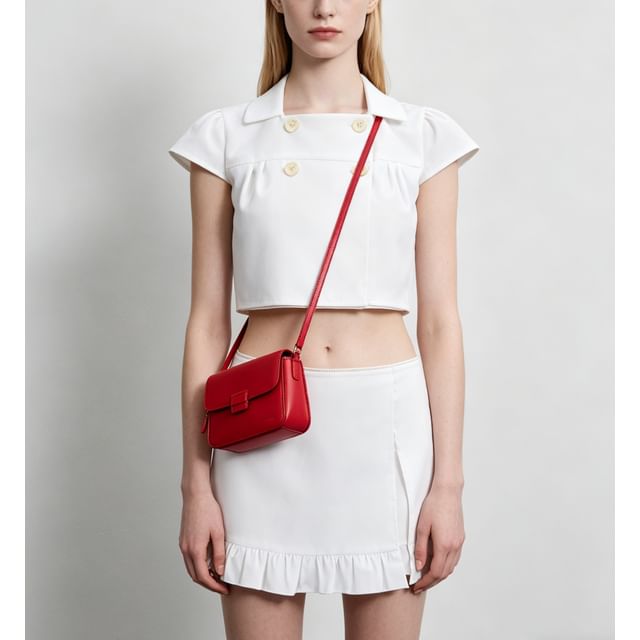 Cap Sleeve Square-Neck Collar Plain Crop Blouse / Low Waist Ruffled Hem Mini Skirt