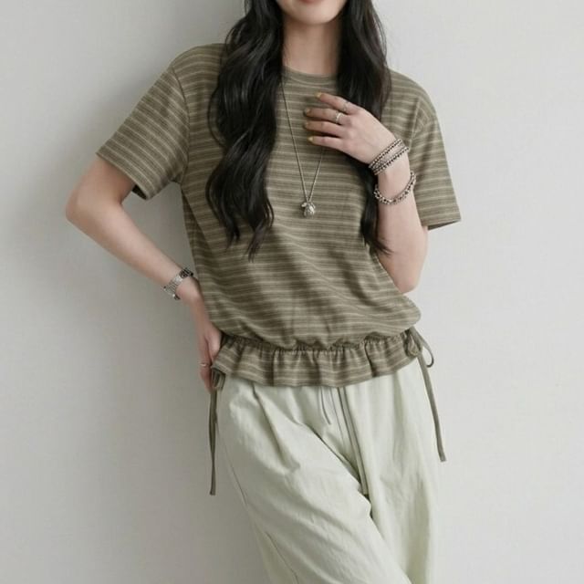 Striped Drawstring Ruffle Hem Crew Neck Short Sleeve T-Shirt