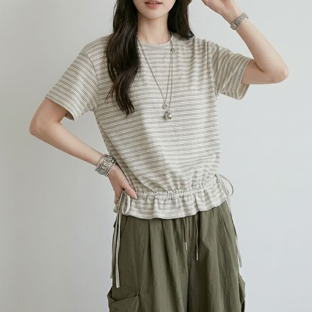 Striped Drawstring Ruffle Hem Crew Neck Short Sleeve T-Shirt