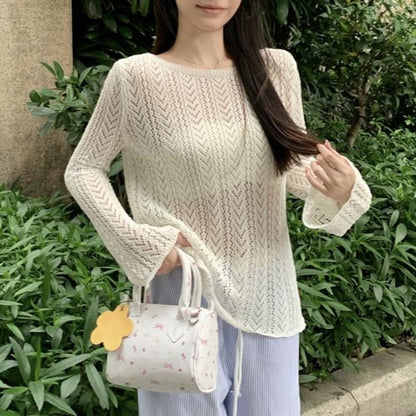Perforated Sheer Boat Neck Long Sleeve Knit Top