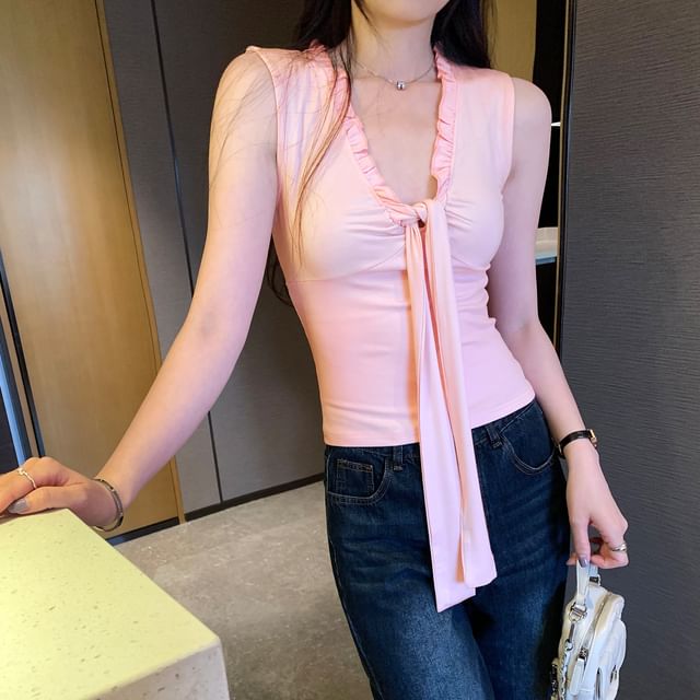 Frill Trim Tie Front V-Neck Crop Tank Top