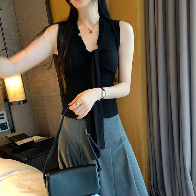 Frill Trim Tie Front V-Neck Crop Tank Top
