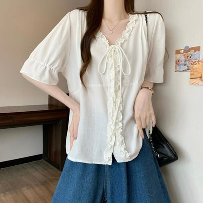 Frill Trim Button-Up V-Neck Elbow Sleeve Blouse