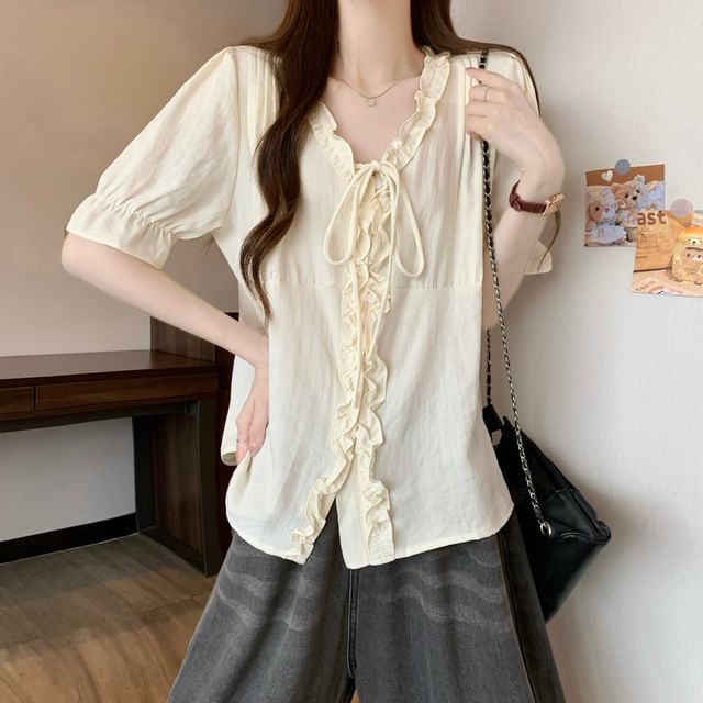 Frill Trim Button-Up V-Neck Elbow Sleeve Blouse