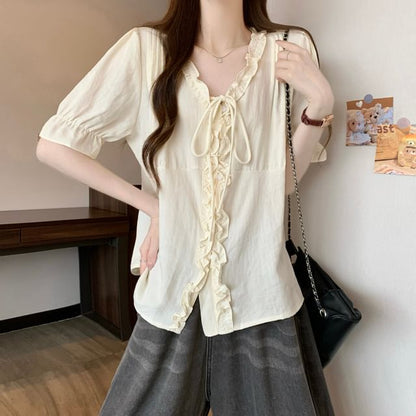 Frill Trim Button-Up V-Neck Elbow Sleeve Blouse