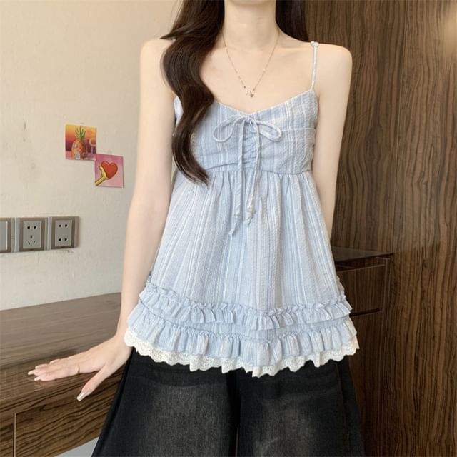 Lace Panel Frill Trim V-Neck Babydoll Camisole Top