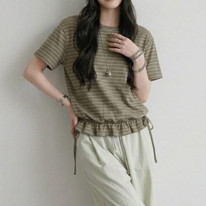 Striped Drawstring Ruffle Hem Crew Neck Short Sleeve T-Shirt