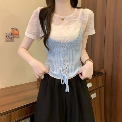 Set: Sheer Knit Top with Short Sleeves + Lace-Up Crop Camisole