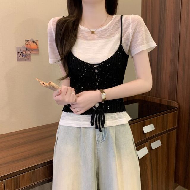 Set: Sheer Knit Top with Short Sleeves + Lace-Up Crop Camisole