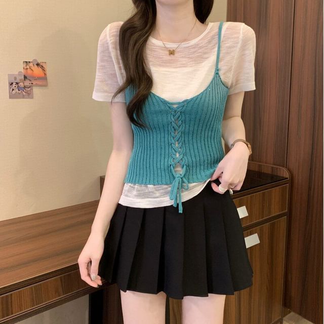 Set: Sheer Knit Top with Short Sleeves + Lace-Up Crop Camisole