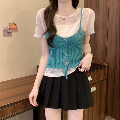 Set: Sheer Knit Top with Short Sleeves + Lace-Up Crop Camisole