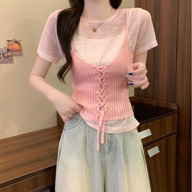 Set: Sheer Knit Top with Short Sleeves + Lace-Up Crop Camisole