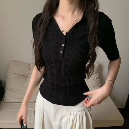 Slim Fit V-Neck Collared Knit Top with Elbow Sleeves