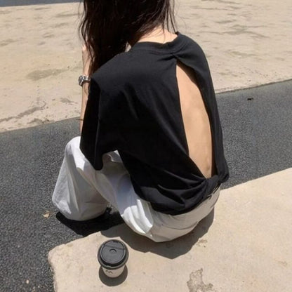 Open Back Crew Neck Elbow Sleeve T-Shirt