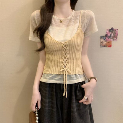 Set: Sheer Knit Top with Short Sleeves + Lace-Up Crop Camisole