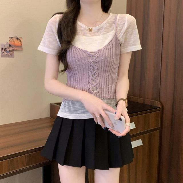 Set: Sheer Knit Top with Short Sleeves + Lace-Up Crop Camisole