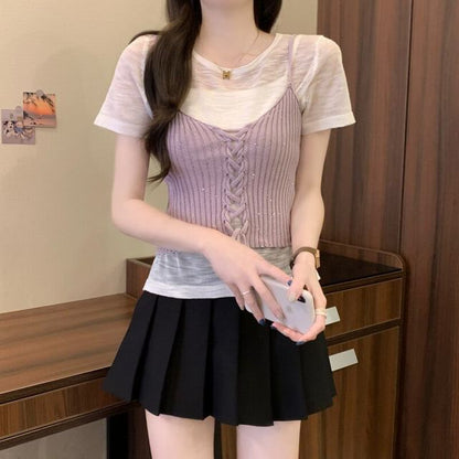 Set: Sheer Knit Top with Short Sleeves + Lace-Up Crop Camisole
