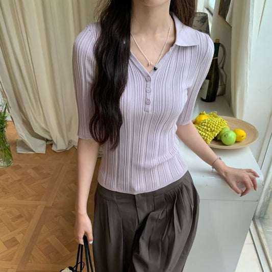 Slim Fit V-Neck Collared Knit Top with Elbow Sleeves