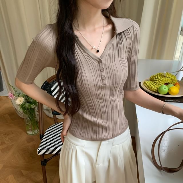 Slim Fit V-Neck Collared Knit Top with Elbow Sleeves
