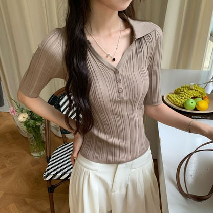 Slim Fit V-Neck Collared Knit Top with Elbow Sleeves