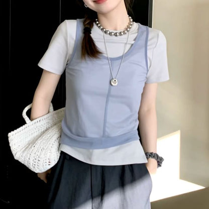 Mock Two-Piece Crew Neck Two Tone Mesh Panel Short Sleeve T-Shirt
